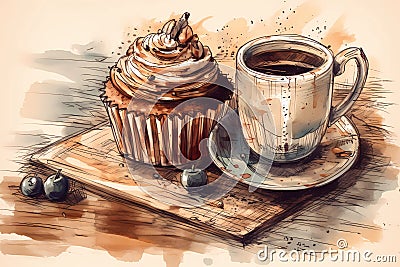 black coffee and cake, dessert in the style of drawing Stock Photo