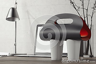 Black coffee cup carrier mockup and white coffee cups on table. 3d rendering. Stock Photo