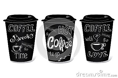 Black coffee cup covered with hand-drawings on the theme of coff Vector Illustration