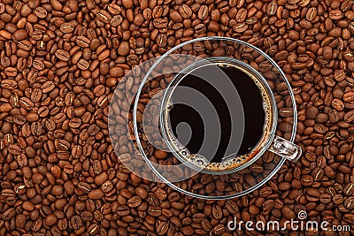Black coffee transparent full glass cup on beans Stock Photo