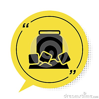 Black Cold beer can icon isolated on white background. Yellow speech bubble symbol. Vector Vector Illustration