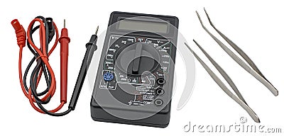 Black color digital multimeter and pincette Stock Photo