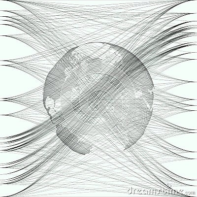 Black color dotted world globe with abstract waves and lines on white background. Motion design. Gray chaotic, random Vector Illustration