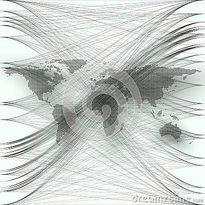 Black color dotted world map with abstract waves and lines on white background. Motion design. Gray chaotic, random Vector Illustration