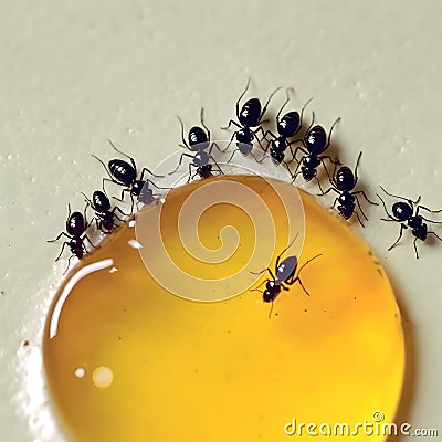 Black ants eating honey drop. Concept of teamwork or hardworking or unity Stock Photo