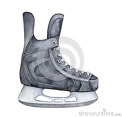 Black colored ice hockey skates with laces and metal blade. Stock Photo