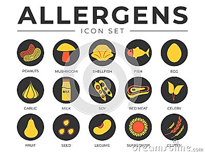 Black Colorful Allergens Icon Set. Allergens, Mushroom, Shellfish, Fish, Egg, Garlic, Milk, Soy Meat, Celery, Fruit, Seed, Legume Vector Illustration