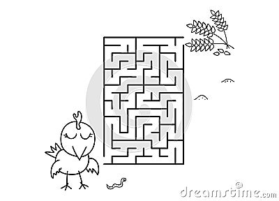 Black coloring pages with maze. Cartoon chicken and wheat. Kids education art game on white background. Outline vector Vector Illustration