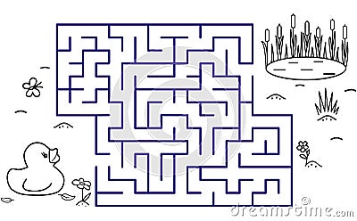 Black coloring pages with maze. Cartoon duck, pond and reeds. Kids education art game with bird. Outline vector Vector Illustration