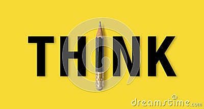 Black colour pencil with word meaning THINK on yelllow background Stock Photo