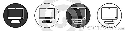 Black Computer monitor screen icon isolated on white background. Electronic device. Front view. Circle button. Vector Vector Illustration