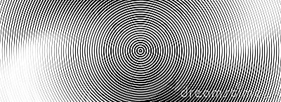 Black concentric circle texture. Radial geometric pattern background. Linear epicenter, radar or target concept. Round Vector Illustration