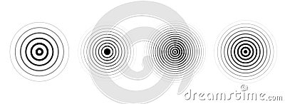 Black concentric ripple circles set. Linear sound wave rings collection. Epicenter, target, radar, sonar icon concept Vector Illustration