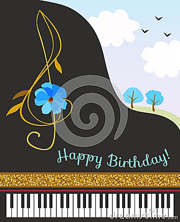 Black concert grand piano, treble clef in shape of cosmos flower, golden ribbon and spring landscape. Happy birthday greeting card Vector Illustration