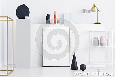 Black cone and ball on the display of art`s gallery with mockup Stock Photo