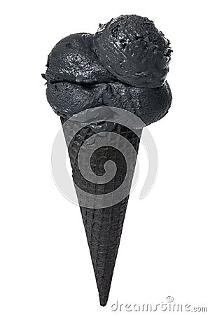 Black cone, wafer cup with scoops of black ice cream is isolated on white background Stock Photo