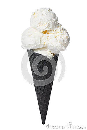Black cone, waffle cup with scoops of ice cream is isolated on white background Stock Photo