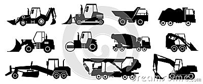 Black construction trucks. Heavy industrial vehicles silhouettes. Working transport set for earthwork, lifting and transportation Vector Illustration