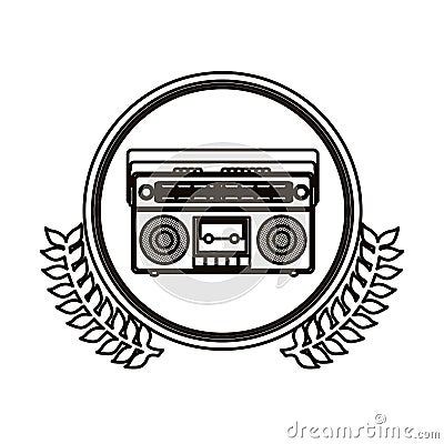 black contour circle with decorative olive branch and radio stereo Cartoon Illustration