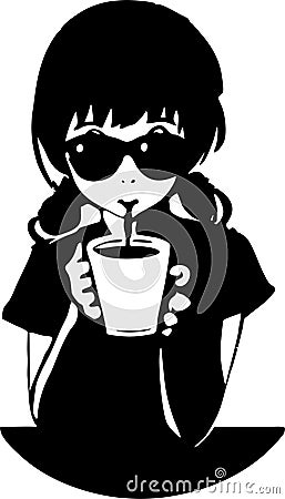 black contour drawing of a girl drinking coffee, monochrome graphics Vector Illustration