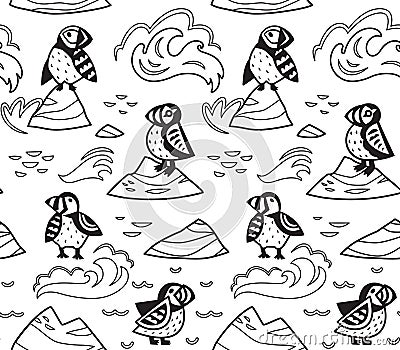 Black contour Puffins on the rocks seamless pattern Vector Illustration