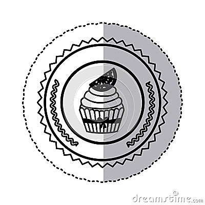 black contour silhouette sticker with cupcake with lemon slice in round frame Cartoon Illustration