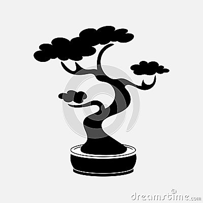 Black contour tree illustration icon. Bonsai japanese traditional tree. Black logo. Vector Vector Illustration