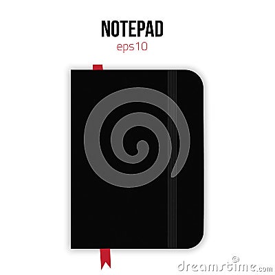 Black copybook template with elastic band and red bookmark inside. Realistic Vector illustration. Vector Illustration