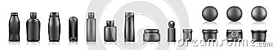 Black cosmetic bottles mockups on white background: lotion, cream, shampoo, shower gel Vector Illustration