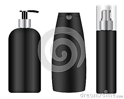 Black cosmetic jar. Shampoo bottle, pump container Vector Illustration