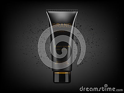 Black cosmetic plastic tube with charcoal powder explosion on black background. Charcoal detox cream or face mask, cosmetic Vector Illustration