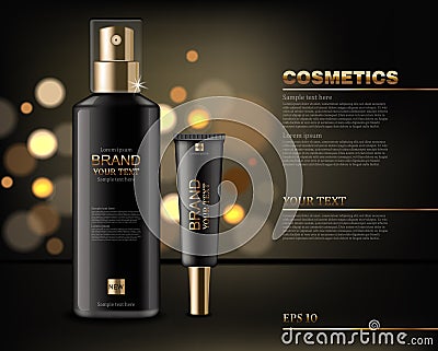 Black cosmetics bottles Vector realistic. Product packaging mock up. Golden shiny background bokeh effect. 3d detailed illustratio Cartoon Illustration