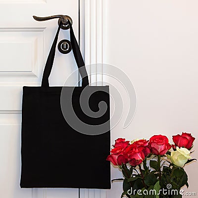 Black cotton eco tote bag, design mockup. Stock Photo