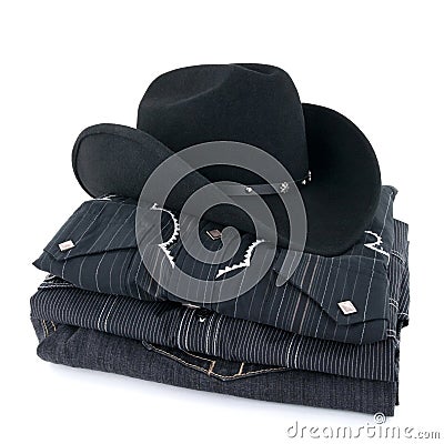 Black cowboy hat and clothes Stock Photo