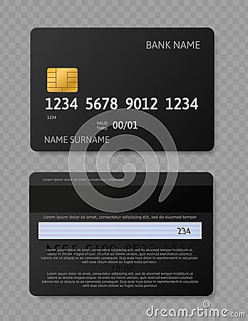 Black credit card. Realistic credit debit cards with chip, front and back side mockup for bank transaction vector Vector Illustration