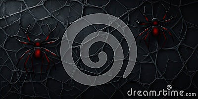 Black Creepy Background with Black Widow Spider, Dark Horror Mockup, Scary Cobweb Pattern Stock Photo