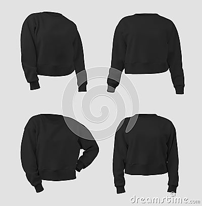 Black crop sweatshirt mockup 3D rendering, female longsleeve canvas bella, isolated on background Stock Photo