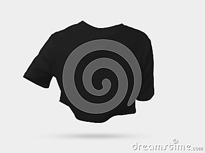 Black crop top mockup with wrinkles, women's shirt 3D rendering, canvas bella t-shirt, back view, for design, print Stock Photo