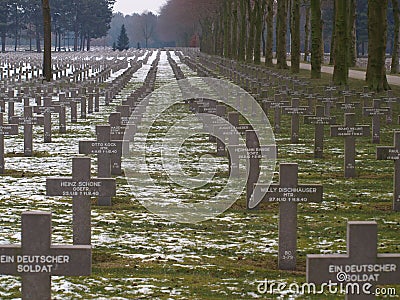 Black crosses in the snow on the German cemetery in Ysselstein the Netherlands Editorial Stock Photo