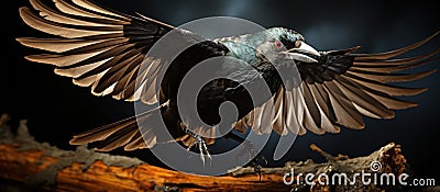 Black crow with open wings on a dark background Stock Photo