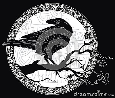 Black crow sitting on a branch of an oak tree, and Scandinavian runes, carved into stone Vector Illustration