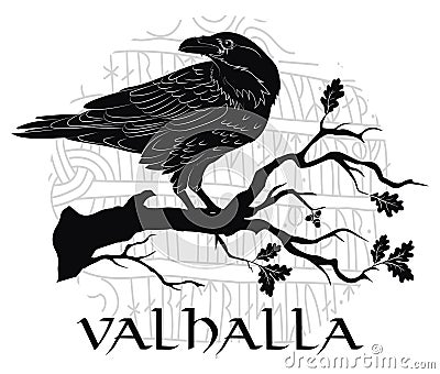 Black crow sitting on a branch of an oak tree, and Scandinavian runes, carved into stone Vector Illustration