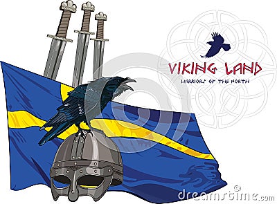 Black crow sitting on a Viking helmet, three swords on the background of the Sweden banner Vector Illustration