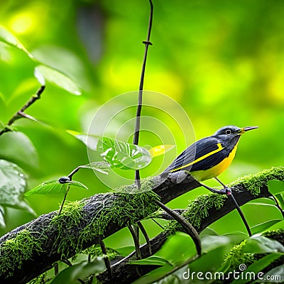 Black-crowned flycatcher (Motacilla alba) perched on a branch Generative AI Stock Photo