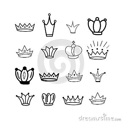 Black Crowns. Tiara. Diadem. Sketch crown. Hand drawn queen tiara, king crown. Royal imperial coronation symbols, monarch majestic Vector Illustration