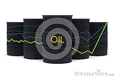 Black crude oil barrels with statistics chart isolated on white. Oil prices are rising Stock Photo