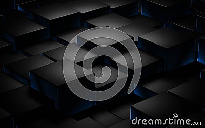 Black cube abstract texture with blue low key lighting background 3d illustration render Stock Photo