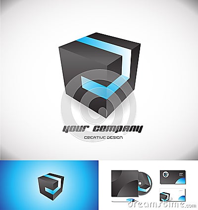 Black cube blue stripe 3d logo icon design Vector Illustration