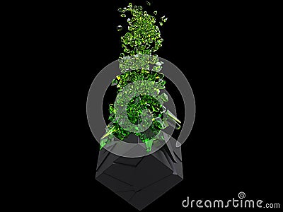 Black cube exploding into thousand green crystal pieces Stock Photo