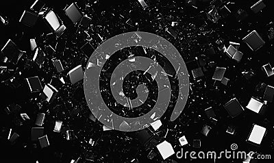 Black cubes exploding on a dark background, ideal for abstract or technology concepts Stock Photo